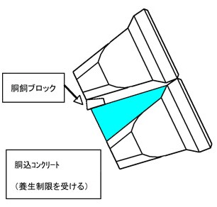 胴飼ブロックと胴込コンクリート(養生制限を受ける)の説明図